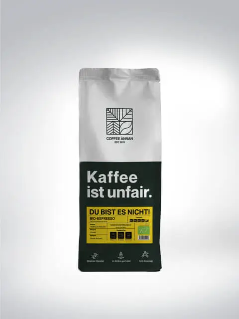 Verpackung des Bio-Espressos von Coffee Annan mit der Aufschrift: Kaffee ist unfair, du bist es nicht.