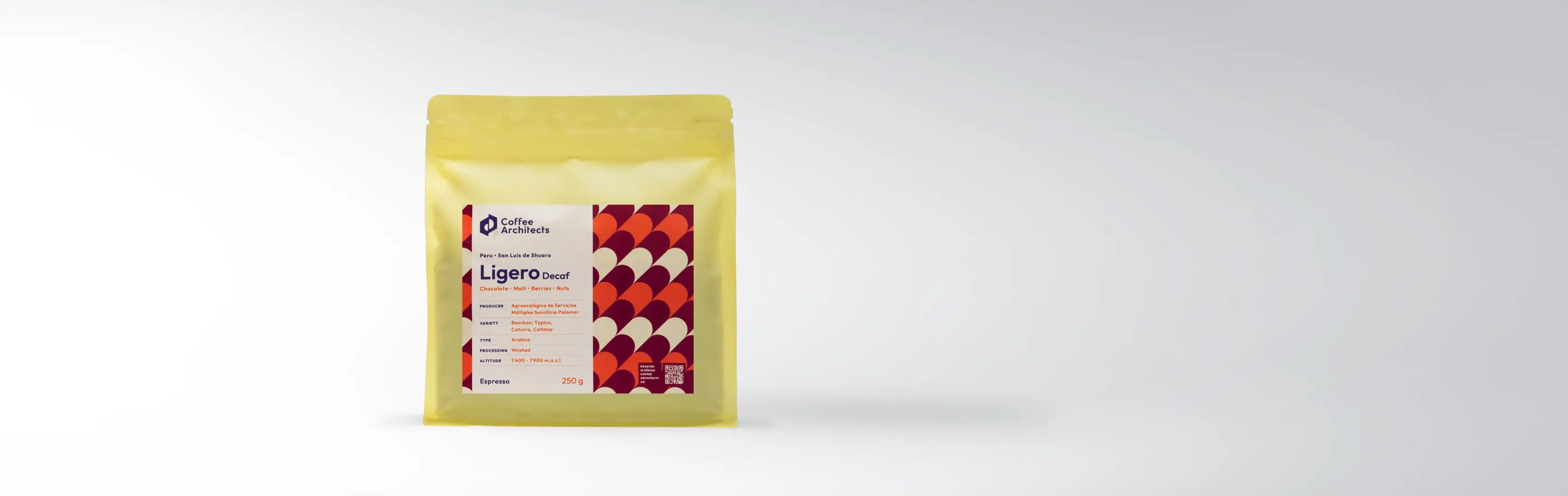 A yellow coffee package from the brand Coffee Architects with the product Ligero Decaf Espresso, 250g.