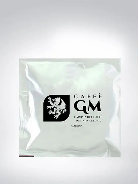 Silberne Aromapackung von Caffè GM mit Löwenlogo und Schriftzug