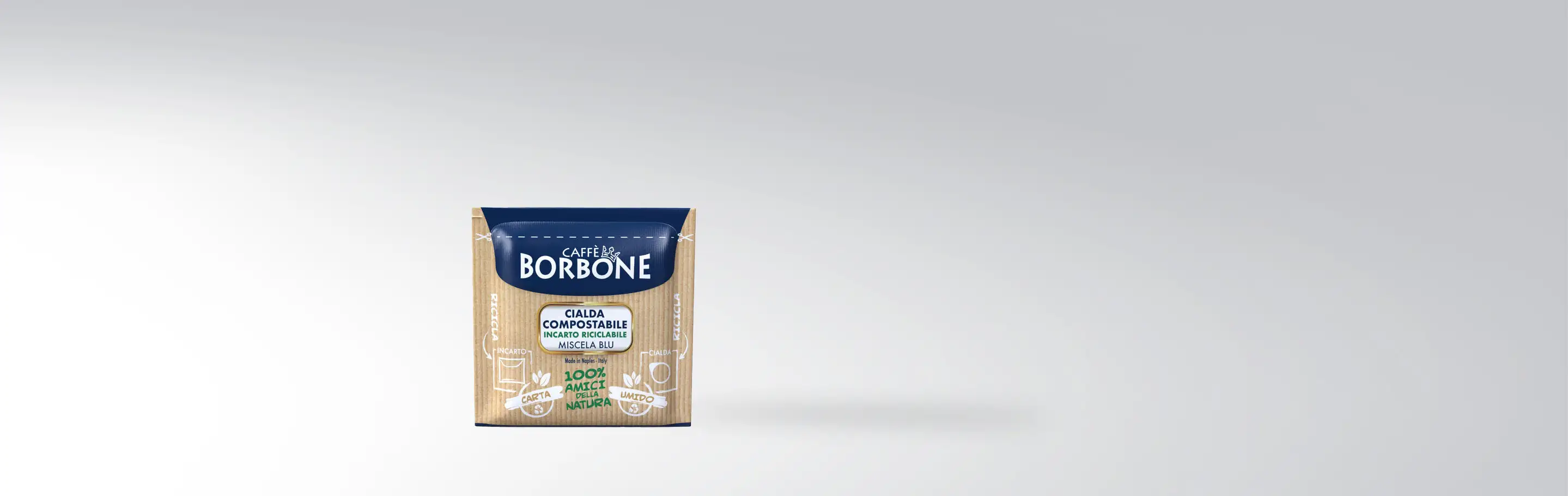 Packaging of Caffè Borbone compostable coffee pods, Miscela Blu