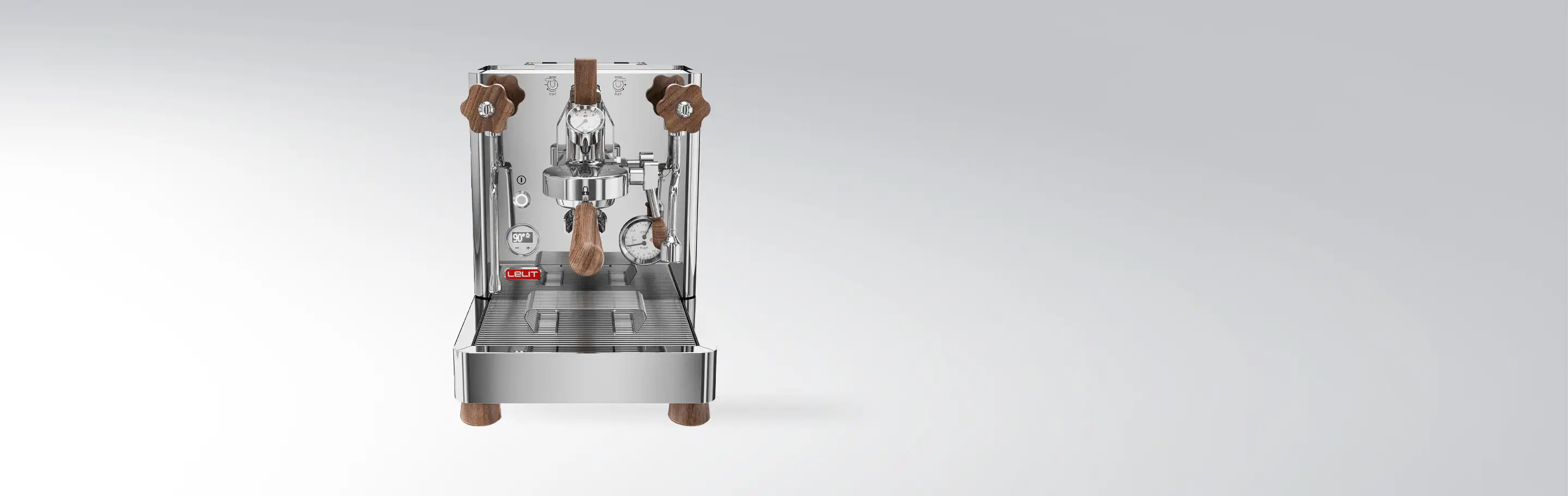 Modern espresso machine with elegant stainless steel finish and wooden handles