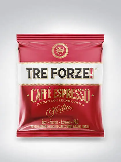 Tre Forze! Caffè Espresso Pad in roter Verpackung mit sizilianischem Röstverfahren