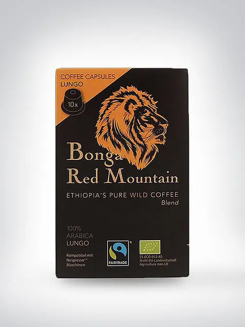 Verpackung der Bonga Red Mountain Kaffeekapseln mit Fairtrade- und Bio-Siegel.