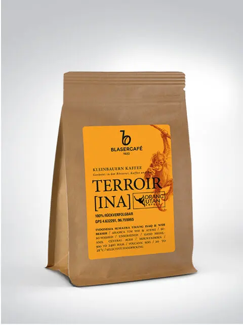 Verpackung von Blasercafé Terroir Kaffee, Indonesien.