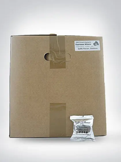 Großpackung 250 E.S.E. Kaffeepads Espresso Milano und einzelne Pad-Verpackung von Caffè Ferrieri