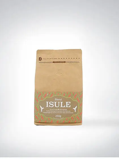 Braune Kaffeeverpackung Blend Isule 250g vor einem weißen Hintergrund