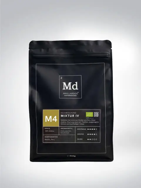 Produktbild der Mailarodos Kaffee-Mischung M4 in einer schwarzen Verpackung, 500g, aus 100% Arabica-Bohnen, mit mildem und ausgewogenem Geschmack.