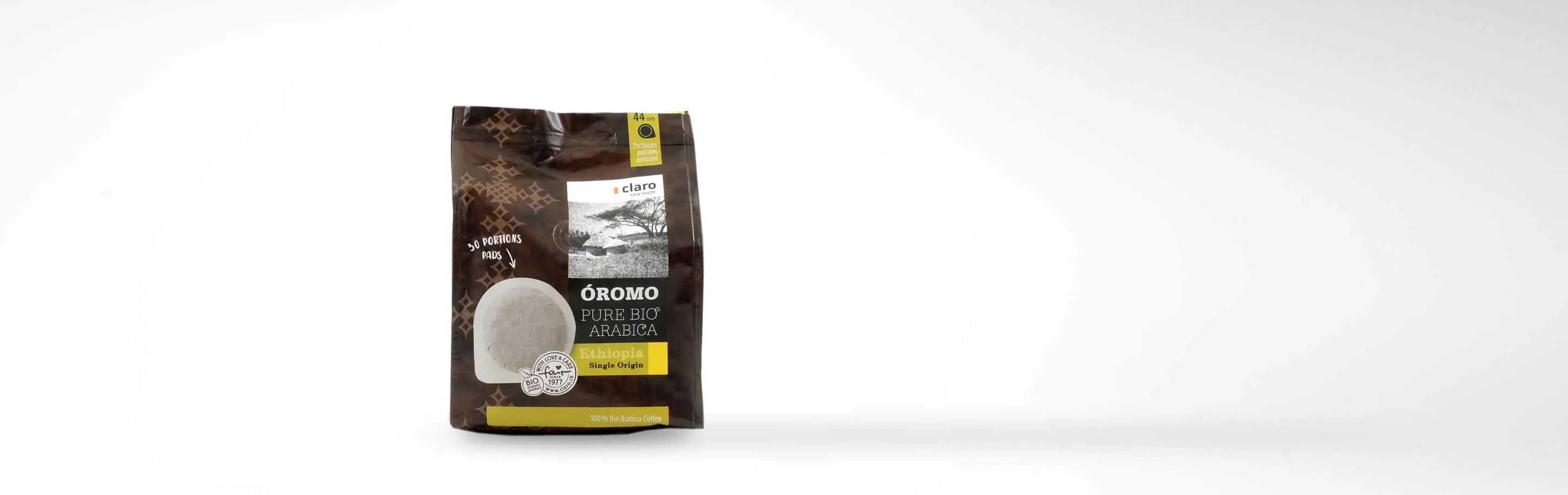 Packung mit Óromo Pure Bio Arabica Kaffeepads aus Äthiopien, Single Origin, 30 Portionen