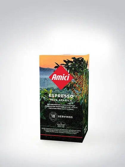 Verpackung Amici Espresso 100% Arabica mit 18 Portionen