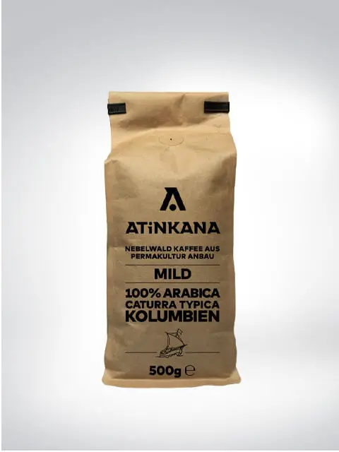 Verpackung von Atinkana Nebelwald Kaffee, mild, 100% Arabica Caturra Typica aus Kolumbien, 500g