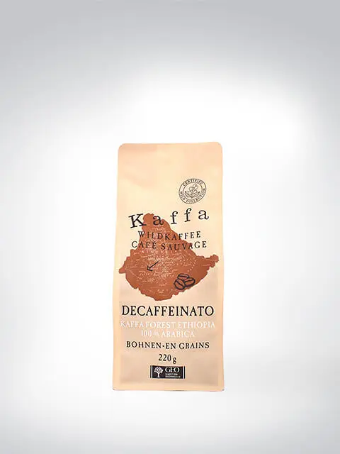 Verpackung von Kaffa Wildkaffee Decaffeinato, entkoffeinierter Kaffee aus Äthiopien, 220g, 100% Arabica-Bohnen