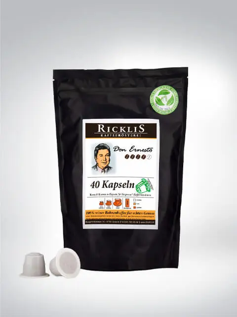 Verpackung von Ricklis Kaffeerösterei Don Ernesto Kapseln mit 40 Stück, inklusive einzelner Kaffeekapseln für Kaffeemaschinen