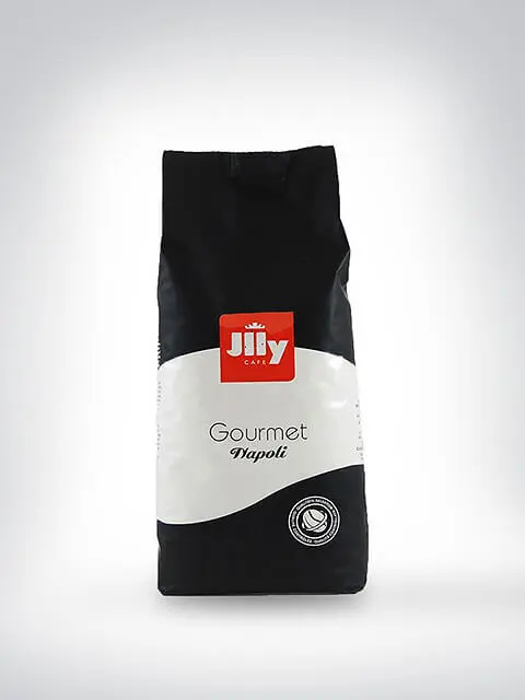 Eine Packung Jilly Caffè Gourmet Napoli Kaffeebohnen, 1kg, mit schwarzem und weißem Design.