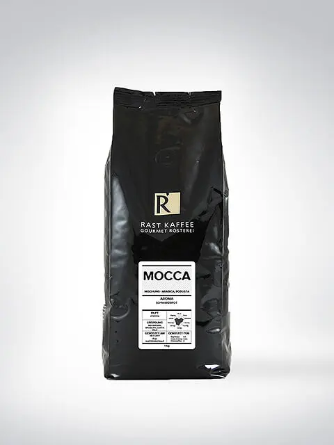 Schwarze Verpackung von Rast Kaffee Gourmet Rösterei Mocca 1 kg