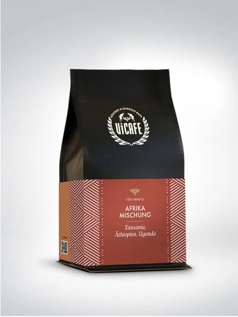 Kaffeepackung mit afrikanischer Mischung, 100% Arabica aus Tansania, Äthiopien und Uganda, von Vicafé.