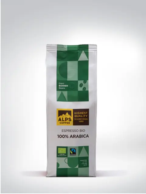 Verpackung von Alps Coffee Espresso Bio 100% Arabica, mit grünem und weißem Design und Bio-Label