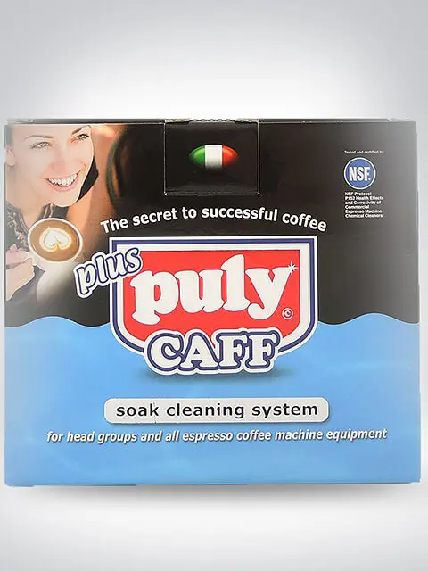 Verpackung des Puly Caff Plus Reinigungssystems, ideal zur Reinigung von Espressomaschinen und Brühgruppen