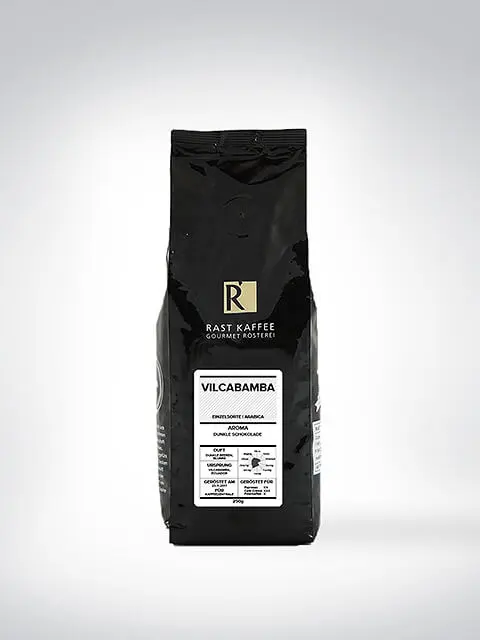 Schwarze Verpackung des Vilcabamba Kaffees von Rast Kaffee Gourmet Rösterei