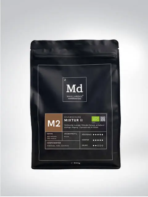 Verpackung von Maillardos Kaffeebohnen M2 Mischung II, 600g, mit Informationen zur Sorte und Herkunft