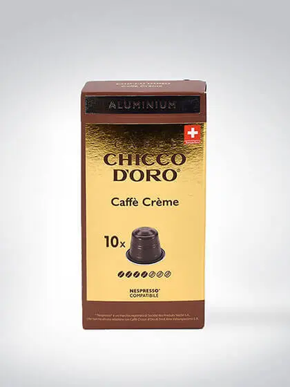 Verpackung von Chicco d'Oro Caffè Crème Kaffeekapseln, 10 Stück, Nespresso kompatibel, goldene und braune Schachtel mit Schweizer Flagge