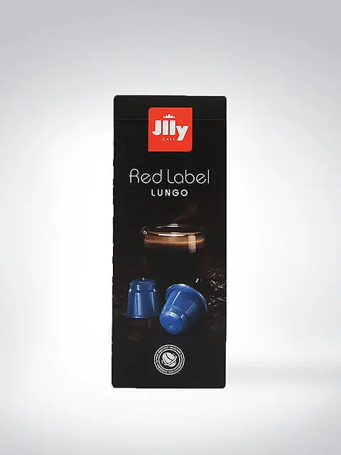 Packung von Jilly Café Red Label Lungo Kaffeekapseln vor einem grauen Hintergrund