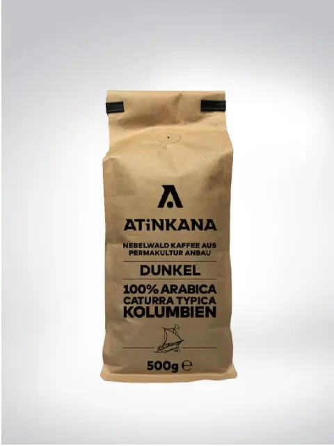 Packung ATINKANA Nebelwald Kaffee aus Permakultur Anbau, Dunkel, 100% Arabica Caturra Typica, Kolumbien, 500g