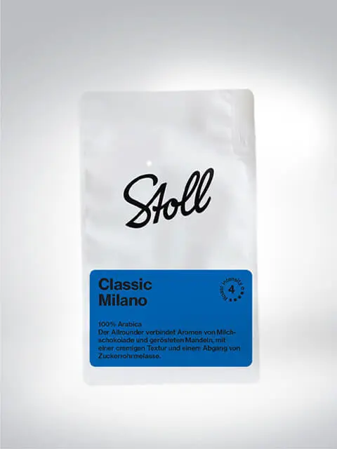 Packaging of Stoll Classic Milano Coffee featuring a flavour of milk chocolate and roasted almonds.