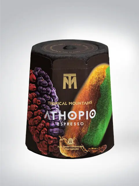 Packung Tropical Mountains Athopio Espresso mit 21 kompostierbaren Kaffeekapseln